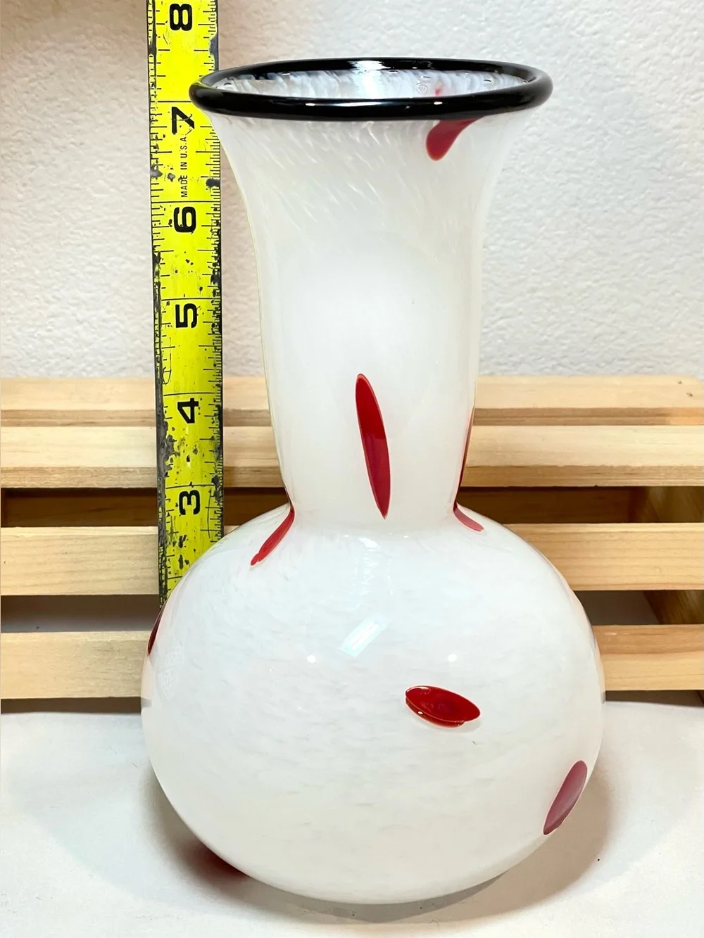 Mottled White w Red Abstract Polka Dots Black Top Rim Glass Art Vase | EUC